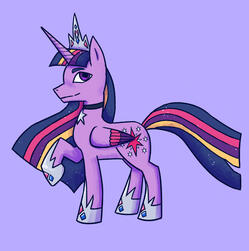 A drawing of Twilight Sparkle from My Little Pony. She is a purple cartoon pony, redesigned to look older, including royal silver jewelry, multicolored wings, extra yellow streak in her mane, and a longer horn.