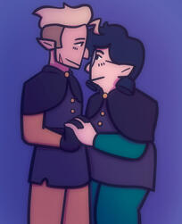 A drawing of Hunter and Willow from The Owl House. They are holding hands and looking at each other.