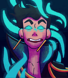 A drawing of Eugene Finch from Drawtectives. He is a pale man with black hair, gold earrings, and an artistically high collar. His eyes are glowing cyan with other glowing cyan streaks surrounding him.