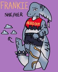 A drawing of an anthro shark/whale hybrid. She is wearing jewelry, spikes, shorts, and a crop top that says "Bleed Out." She has tattoos and "Frankie, She/her" is written next to her.